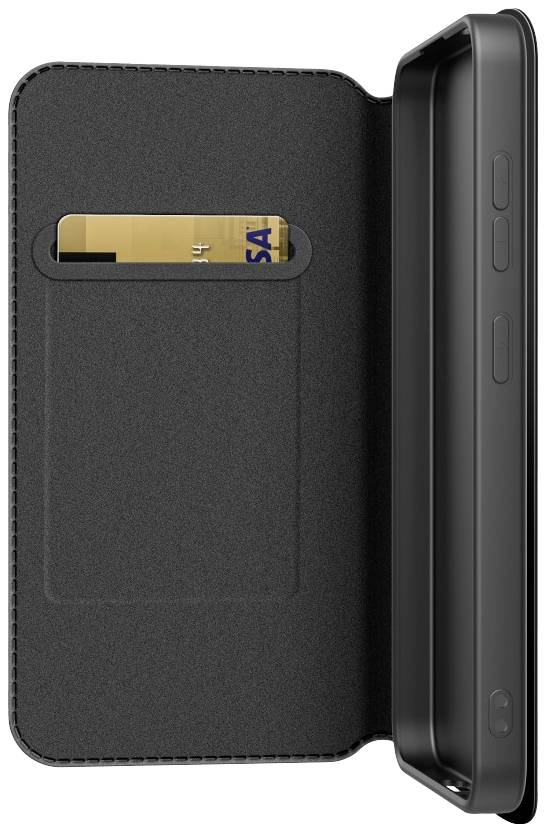 Offene schwarze Handyhülle mit einer Karte im Schlitz, zeigt Innenklappe und Knöpfe des Smartphones auf der rechten Seite.