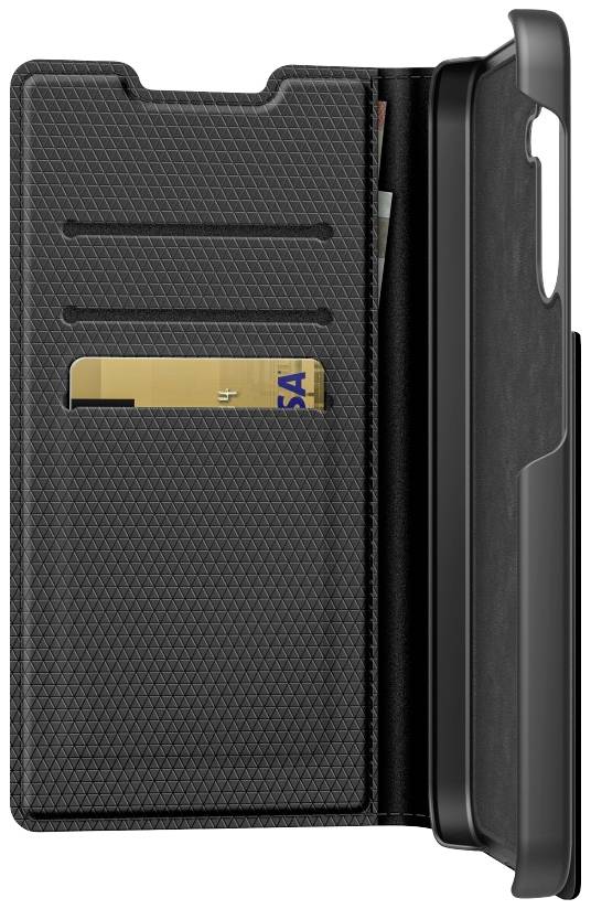 Schwarzes Handy-Lederetui mit Fächern für eine Kreditkarte und andere Karten, zeigt eine geöffnete Ansicht mit kartenfreundlichem Design.