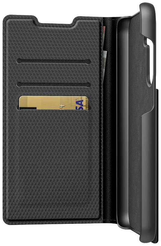 Geöffnete schwarze Handyhülle mit drei Kartenfächern, eine Kreditkarte sichtbar.