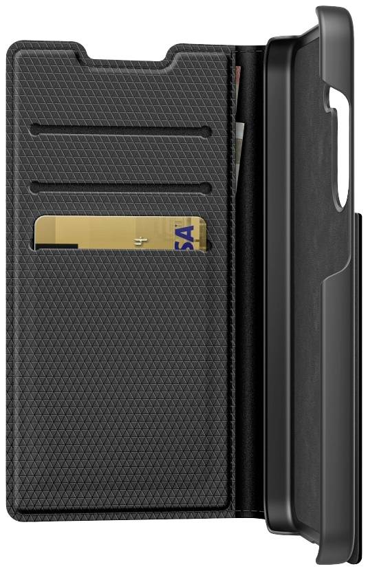 Ein schwarzes Handy-Etui mit Kartenfächern. Zwei Karten sichtbar, darunter eine mit 'VISA'-Logo. Etui geöffnet, zeigt Innenansicht.