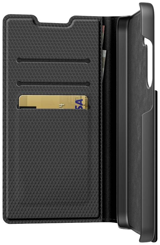 Schwarze Handyhülle mit Fächern für Karten, eine goldene Karte ist sichtbar.