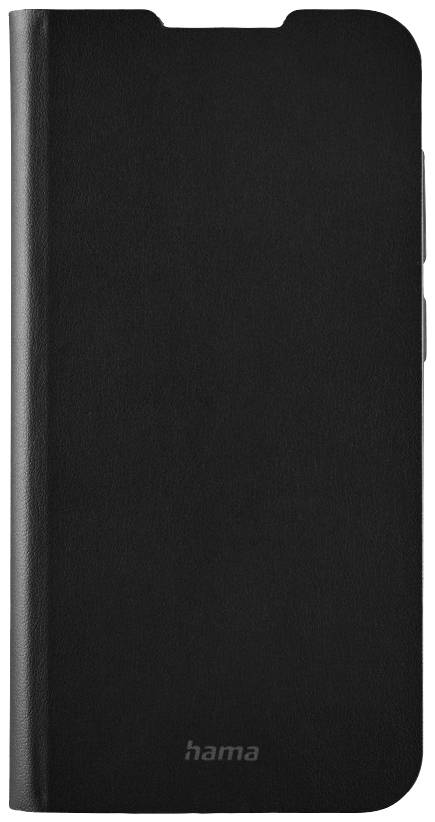 Schwarzes Smartphone-Case mit Klappcover aus Leder, geschlossen. Markenname 'hama' unten auf der Vorderseite sichtbar.