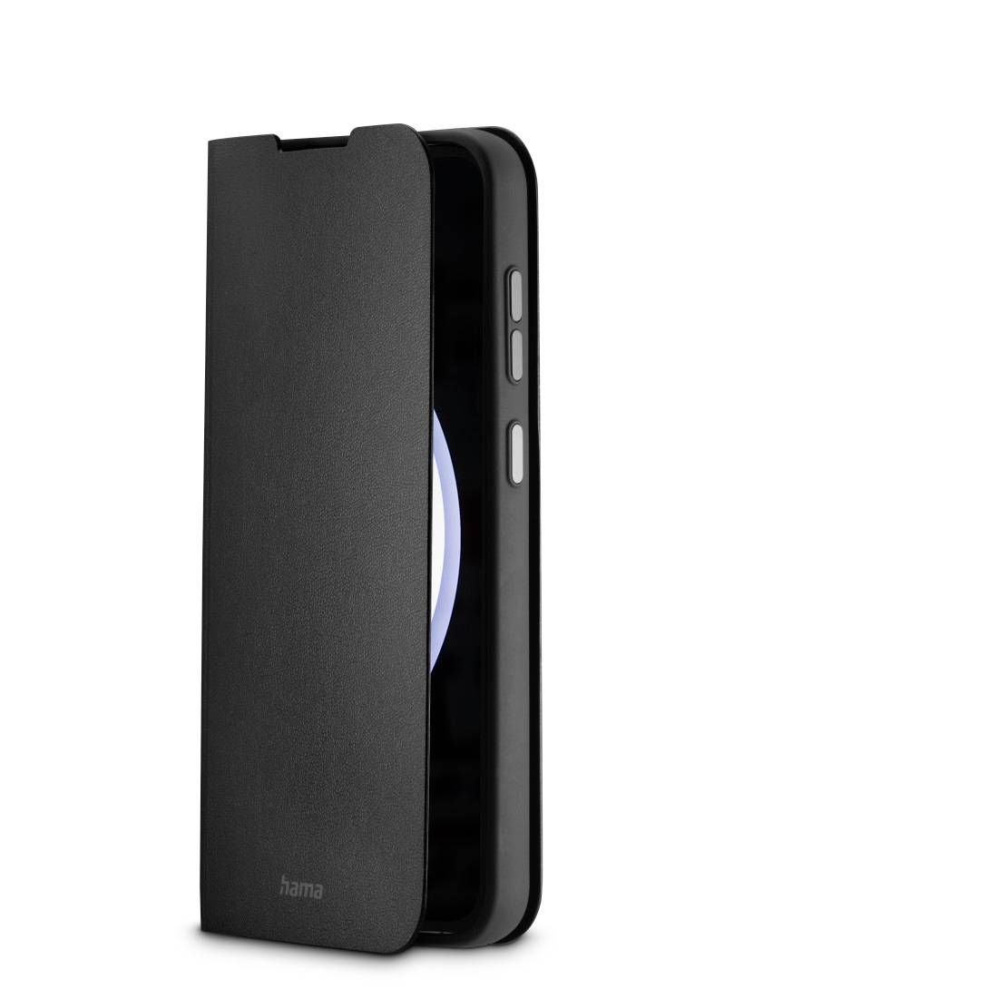 Ein schwarzes Smartphone-Schutzetui aus Leder mit seitlichem Verschluss. Es bedeckt das Gerät vollständig und hat präzise Aussparungen.