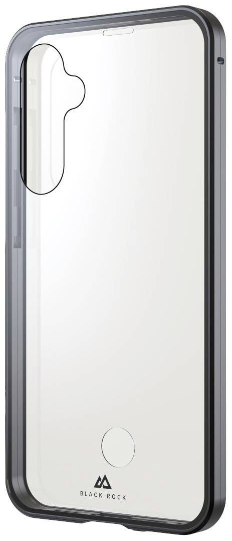 Durchsichtige Smartphone-Schutzhülle mit schwarzem Rand und Aussparungen für Kamera und Anschlüsse. Markierung 'Black Rock' unten.