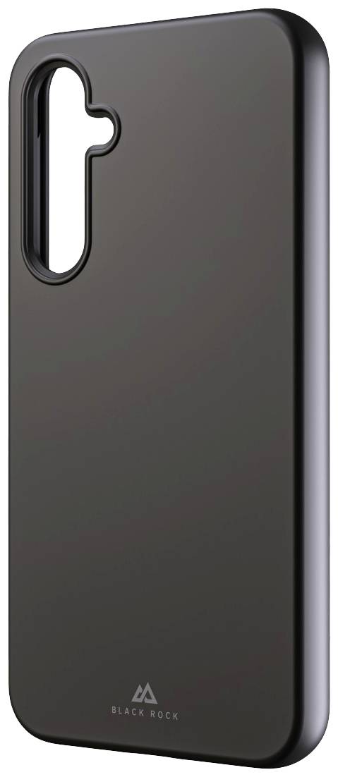 Schwarze Smartphone-Schutzhülle mit abgerundeten Kanten und Aussparung für drei Kameraobjektive. Marke 'Black Rock' unten.