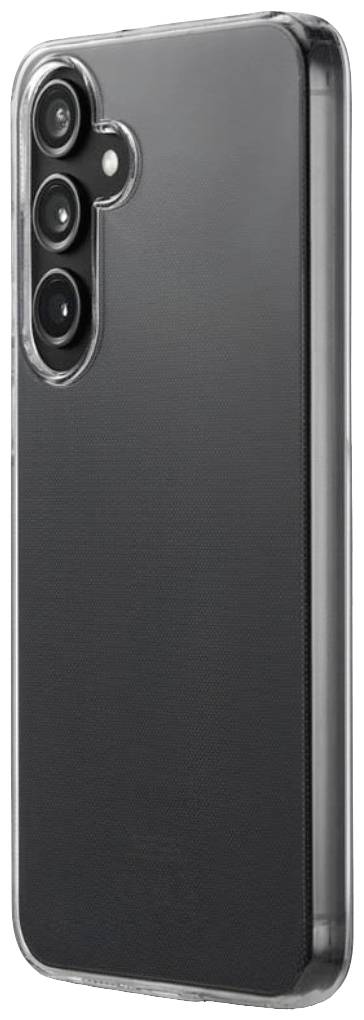 Ein modernes Smartphone mit schwarzer Rückseite und drei Kameras in einem vertikalen Streifen oben links. Es hat ein klares Gehäuse.