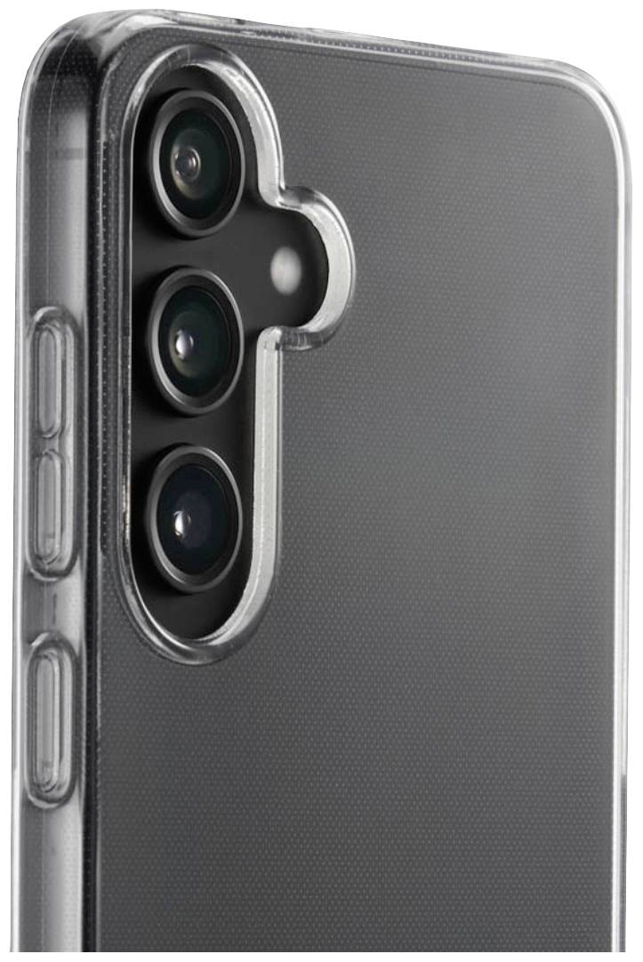 Smartphone mit transparentem Case, zeigt die Rückseite mit drei Kameralinsen und abgerundeten Ecken.