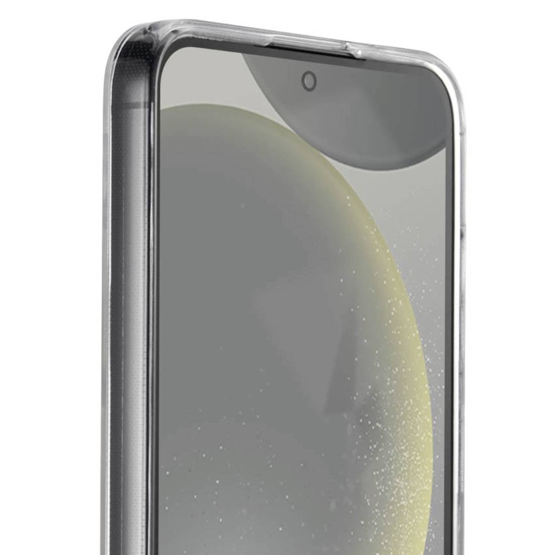 Nahaufnahme eines Smartphones mit transparentem Gehäuse. Der Fokus liegt auf dem oberen Teil des Bildschirms, dessen Kamera sichtbar ist.