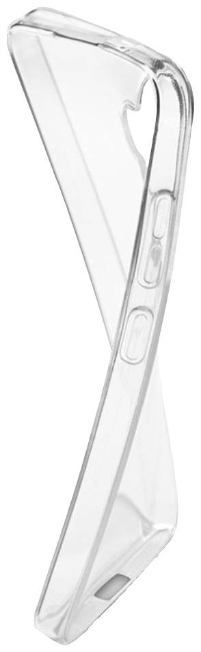 Transparente Handyhülle, flexibel gebogen, mit Aussparungen für Tasten und Anschlüsse, vor weißem Hintergrund.