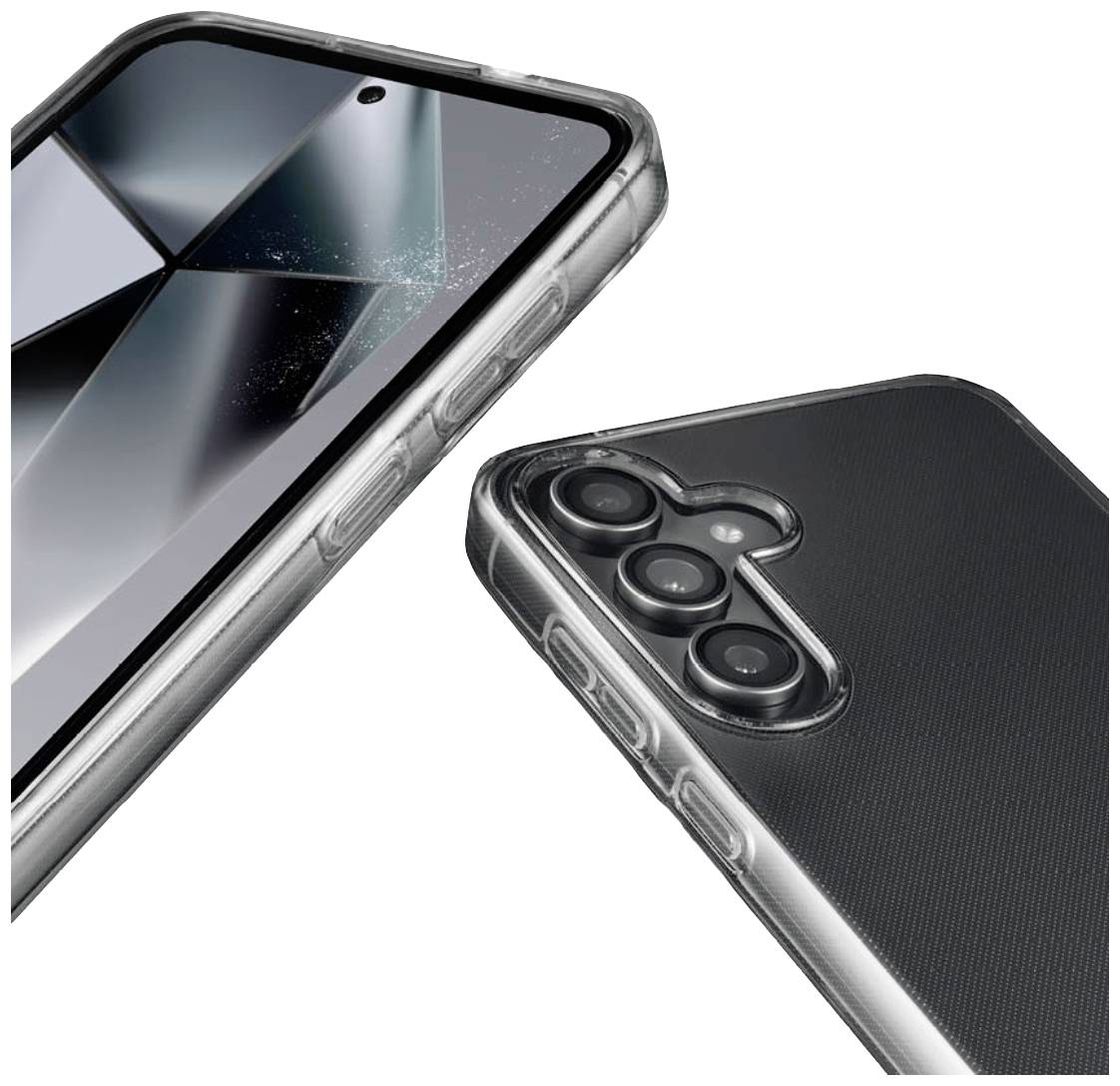 Zwei Smartphones mit klaren Schutzhüllen; eins zeigt den Bildschirm, das andere die Rückseitenkameras.