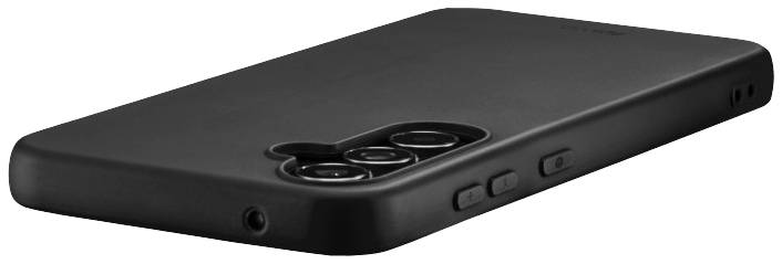 Ein schwarzes Smartphone liegt auf einer Oberfläche, seine Rückseite mit Kameras und Seitenknöpfen ist sichtbar.