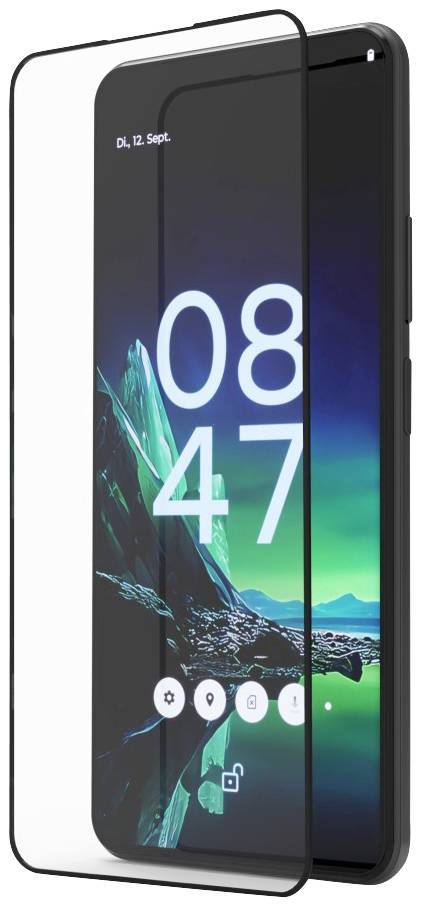 Smartphone mit Bildschirm, auf dem '08:47 Di, 12. Sept.' zu sehen ist. Display zeigt grünes und blaues Landschaftsbild, rechteckige Form.