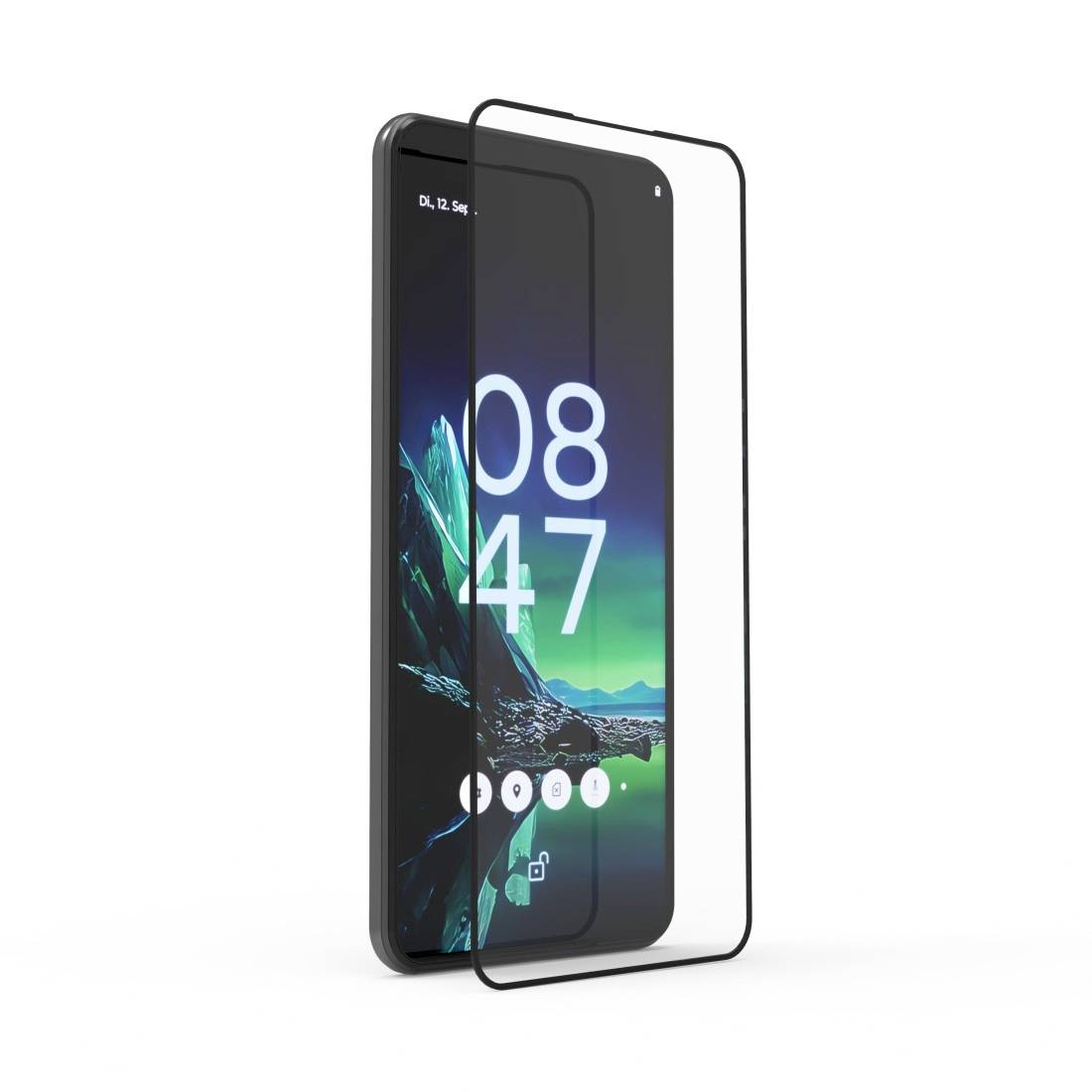 Smartphone mit abgerundeter Schutzfolie, zeigt Uhrzeit 08:47, grüner und schwarzer Hintergrund, dunkles Design.