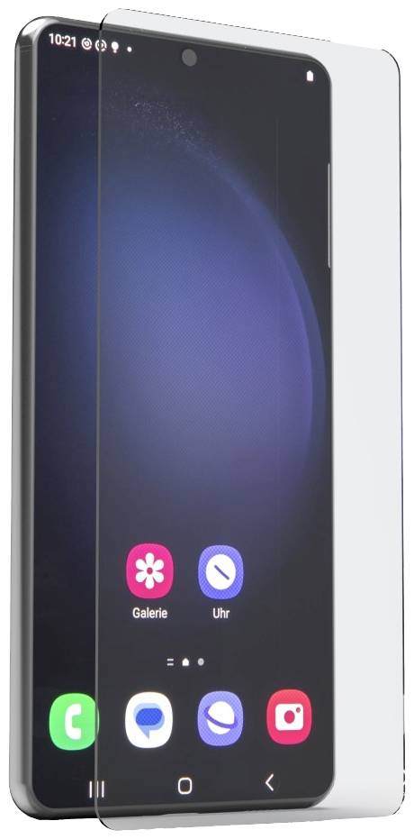 Smartphone mit installierter Schutzfolie, zeigt den Startbildschirm mit App-Symbolen wie 'Galerie' und 'Uhr' auf dunklem Hintergrund.