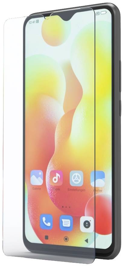 Ein Smartphone mit bunter Benutzeroberfläche. Ein Display-Schutz ist teilweise darüber gelegt, sichtbar an den Rändern.