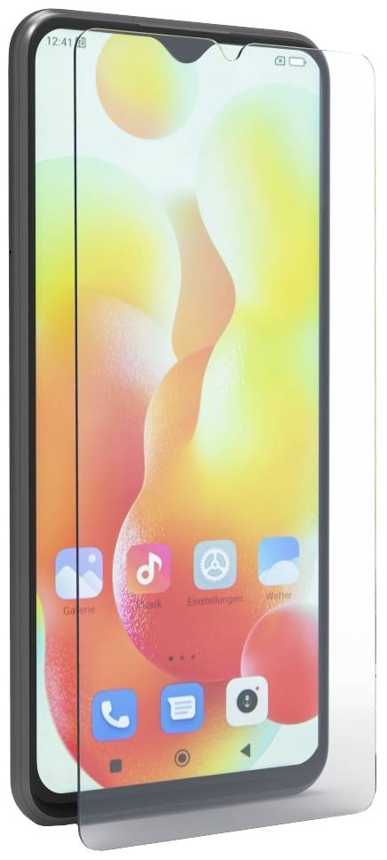 Smartphone mit abgerundetem Display, leuchtender Hintergrund. Apps wie 'Galerie', 'Einstellungen', 'Telefon' sichtbar. Paneel scheint schützend.