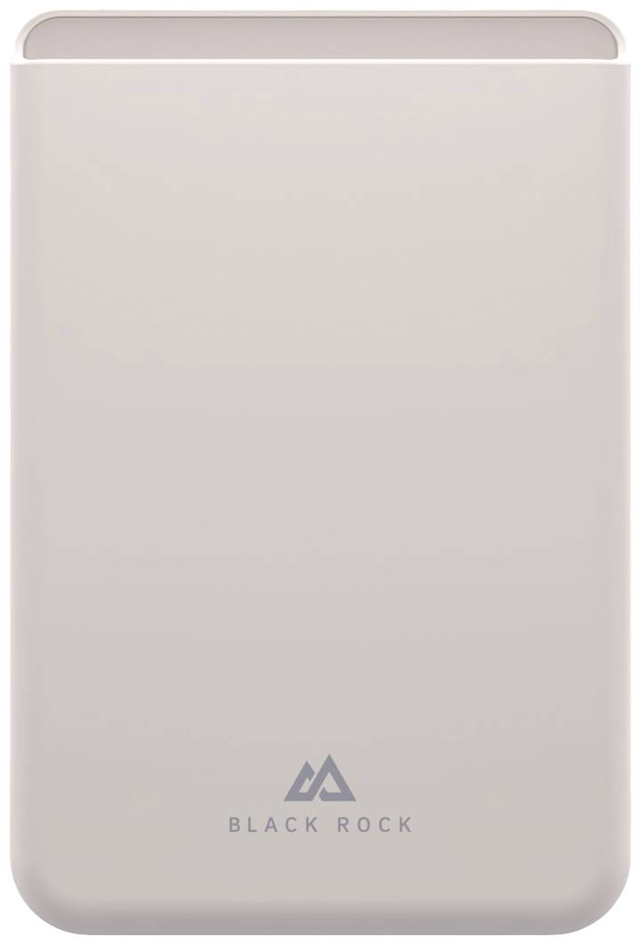 Ein tragbares Ladegerät der Marke Black Rock in hellgrauer Farbe, rechteckig, ohne sichtbare Anschlüsse, mit Logo unten.