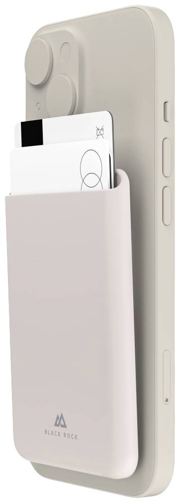 Smartphone mit einer rosafarbenen Kartenhalterung auf der Rückseite. Zwei Karten sind teils sichtbar, in einem modernen, minimalistischen Design.