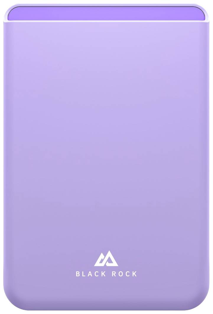 Lila Powerbank mit abgerundeten Ecken, Markenname 'Black Rock' unten.