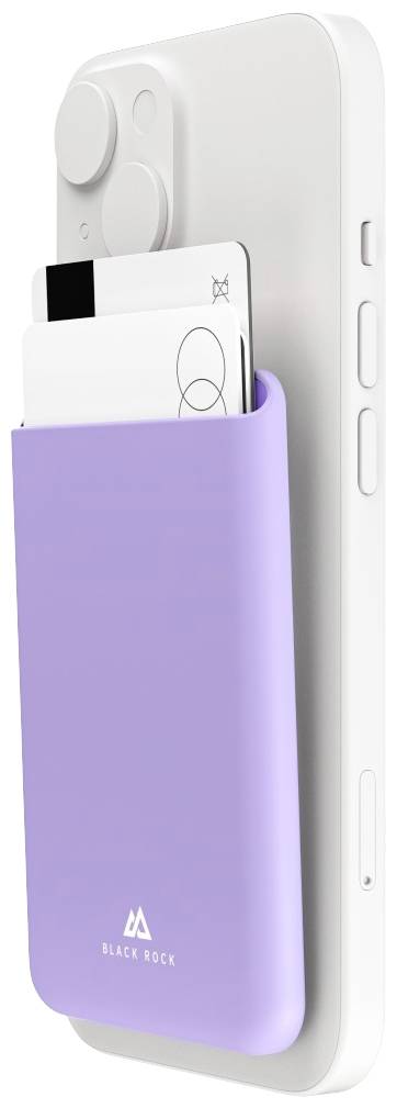 Smartphone mit aufgeschobenem lila Kartenhalter, der Kreditkarten hält. Der Halter ist an der Rückseite des Telefons angebracht.