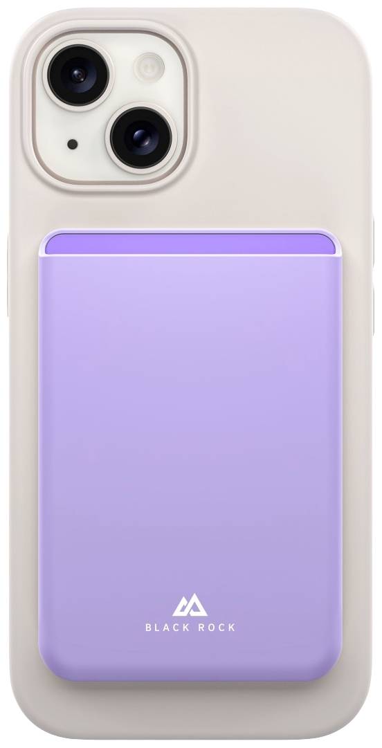 Smartphone mit lila Powerbank-Hülle von Black Rock auf der Rückseite, zeigt zwei Kameras und minimalistisches Design.