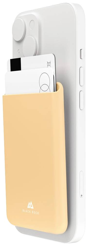 Ein Smartphone mit einer gelben Kartenhalterung auf der Rückseite, die zwei Karten enthält.