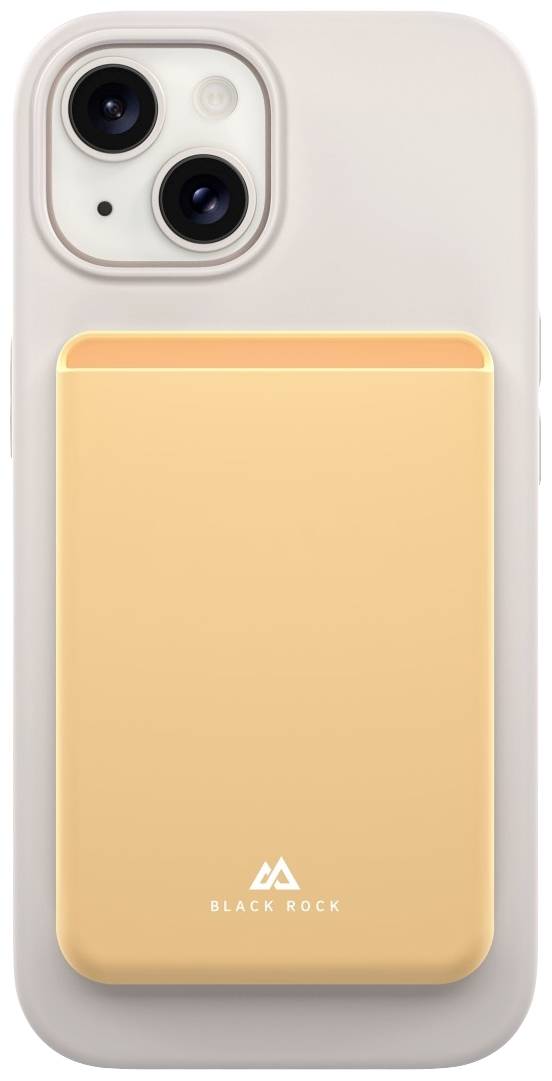 Ein Smartphone mit einer hellen Schutzhülle und einer beigefarbenen, rechteckigen Halterung auf der Rückseite, beschriftet mit 'Black Rock'.