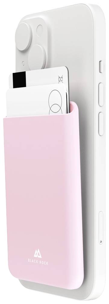 Ein Smartphone mit hellem Gehäuse ist mit einem rosa Kartenhalter auf der Rückseite ausgestattet. Der Halter enthält zwei Karten.