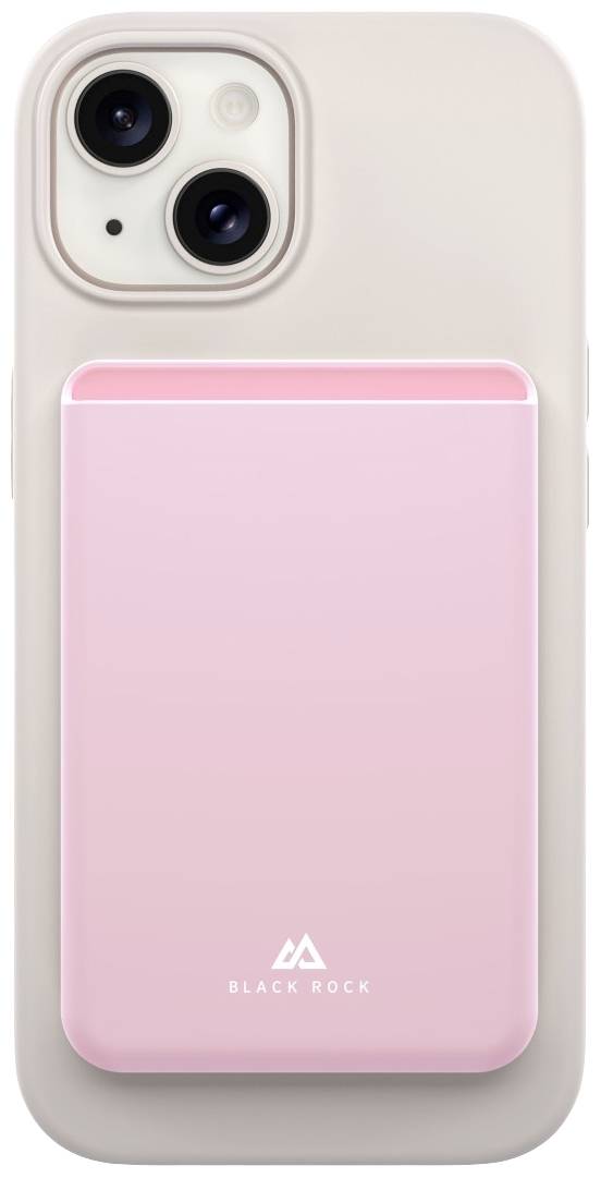 Ein Smartphone mit einer rosa MagSafe-Powerbank von Black Rock befestigt, das kabelloses Laden ermöglicht.