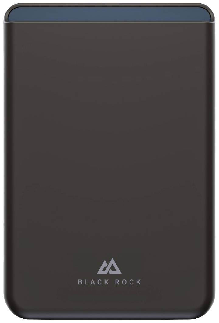 Eine schwarze Powerbank mit der Aufschrift 'Black Rock' unten und einem blauen Akzent oben.