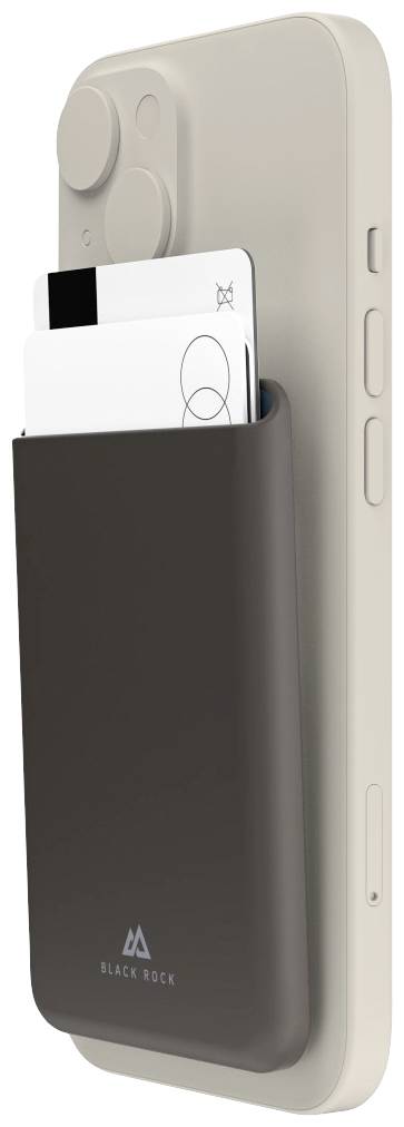 Smartphone mit Kartenhülle auf der Rückseite, die zwei Karten enthält. Hülle von 'Black Rock', praktische Aufbewahrungslösung.