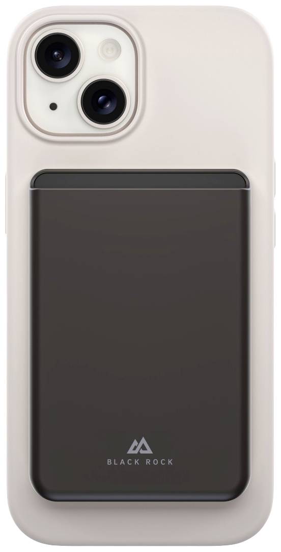 Rückansicht eines Smartphones mit einem angedockten, magnetischen Ladegerät von Black Rock. Gerät hat zwei Kameralinsen.