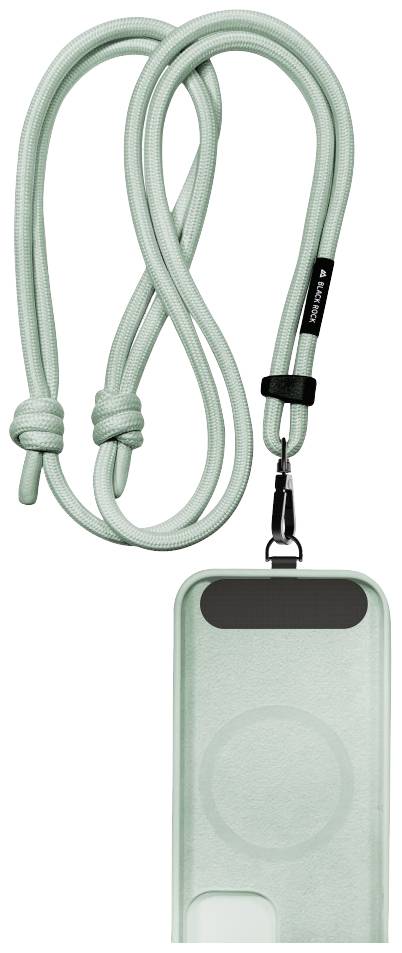 Mintgrüne Handyhülle mit passendem Umhängeband, Befestigung durch Karabinerhaken. Geeignet für komfortables Tragen am Körper.