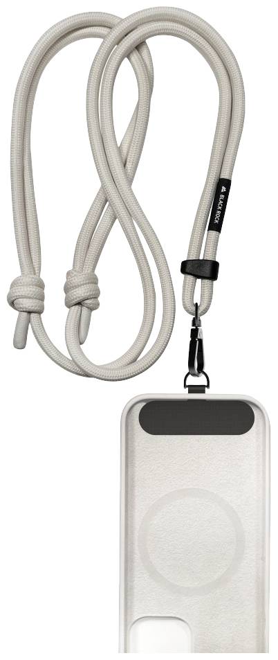 Handyhülle mit langem, cremefarbenem Band und Karabinerhaken. Band zur Befestigung und Tragehilfe.