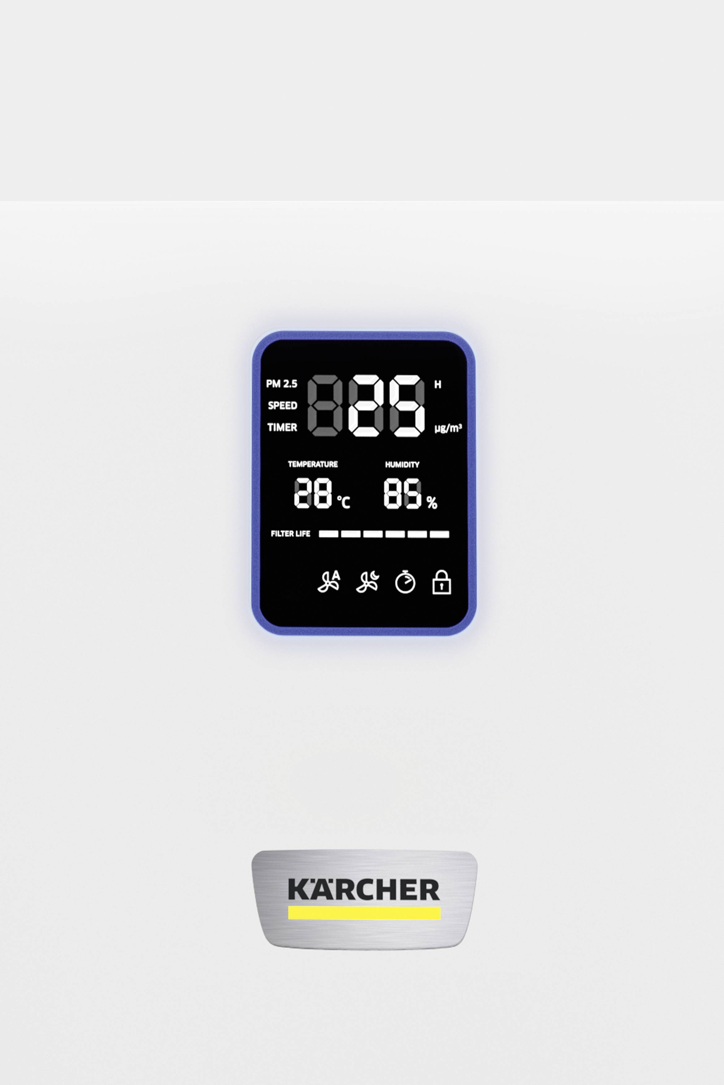 'Kärcher' Luftqualitätsmonitor zeigt PM2.5-Wert von 89, Geschwindigkeit, Timer, Temperatur 28°C, Luftfeuchtigkeit 85%.
