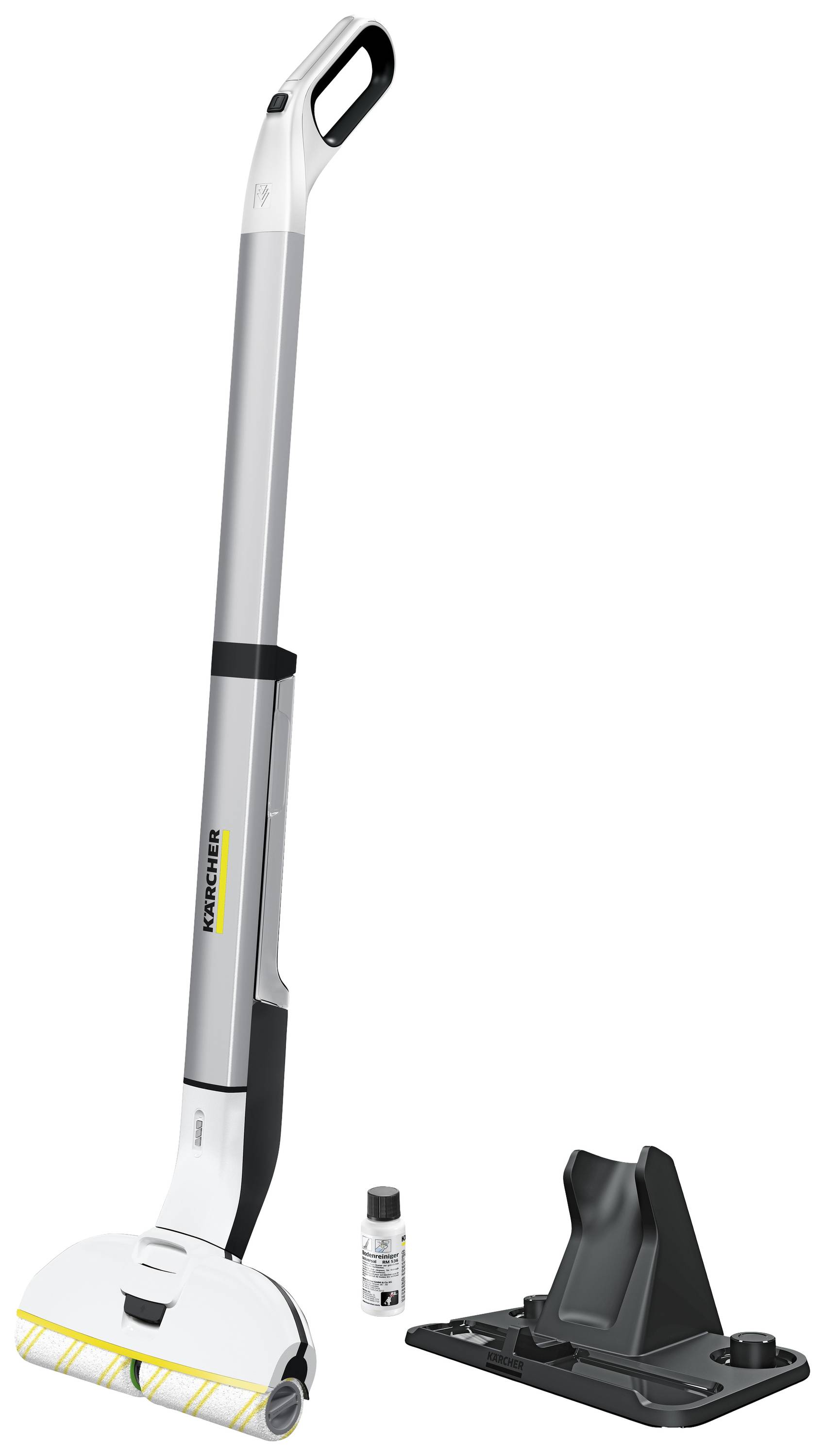 Ein elektrischer Bodenreiniger mit Reinigungsmittel und Ladestation. Gerät von Marke mit ergonomischem Griff und zwei Rollen.