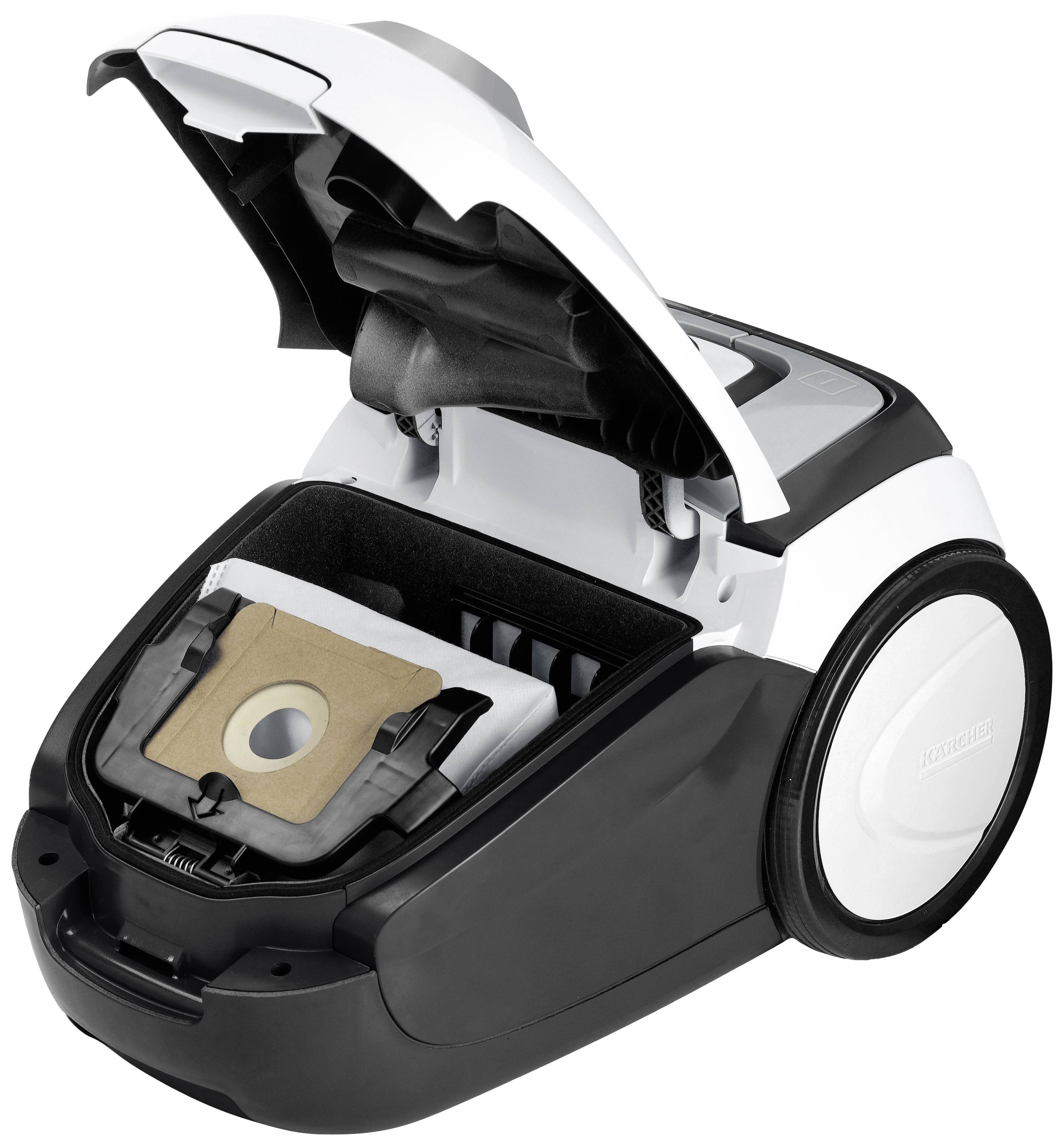 Ein Staubsauger mit geöffneter Klappe zeigt einen eingesetzten Staubbeutel. Er ist schwarz und weiß, mit großen Rädern und einem modernen Design.