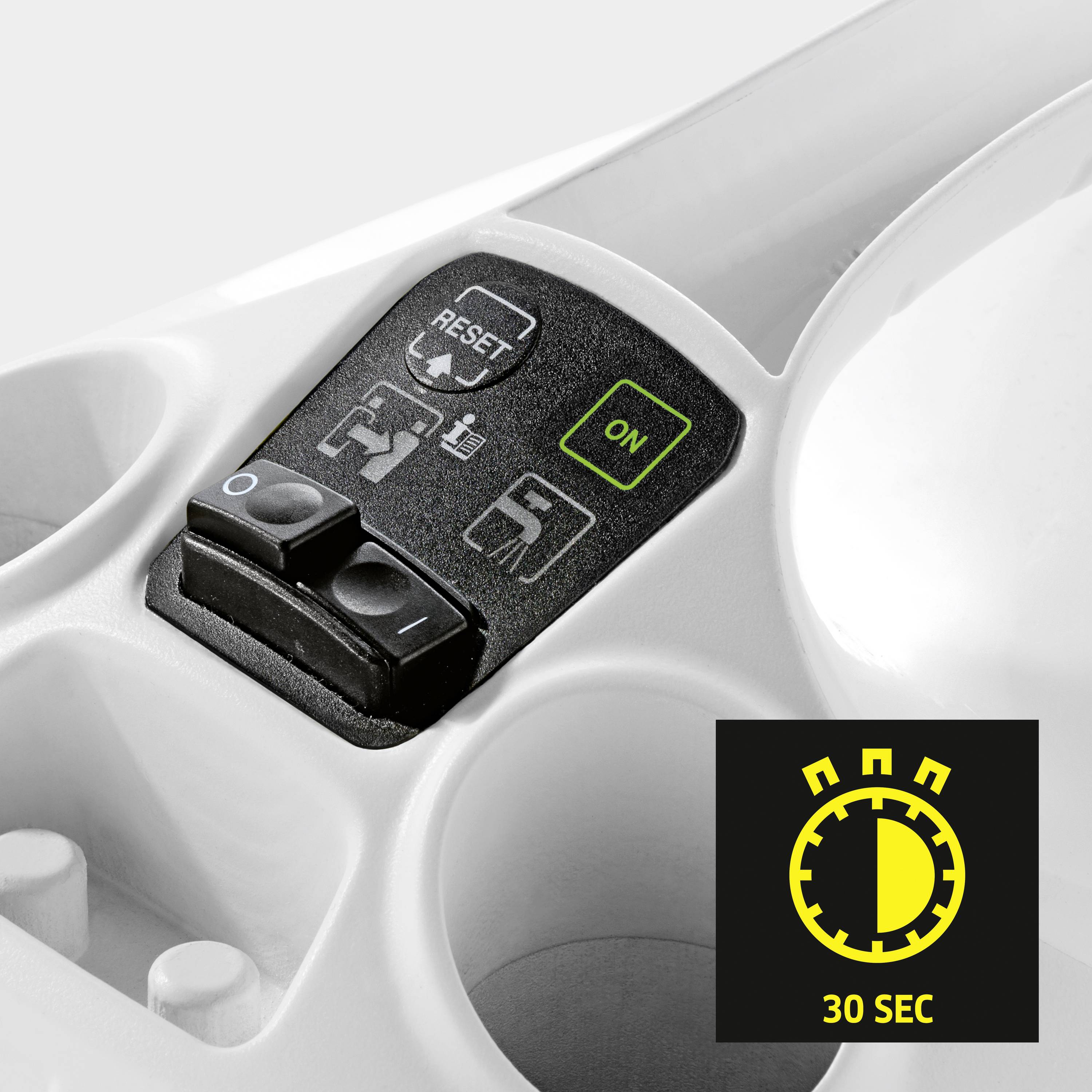 Ein Schalter mit Reset- und Ein-Taste, flankiert von Symboldarstellungen. Ein rundes Symbol darunter zeigt '30 SEC' an.