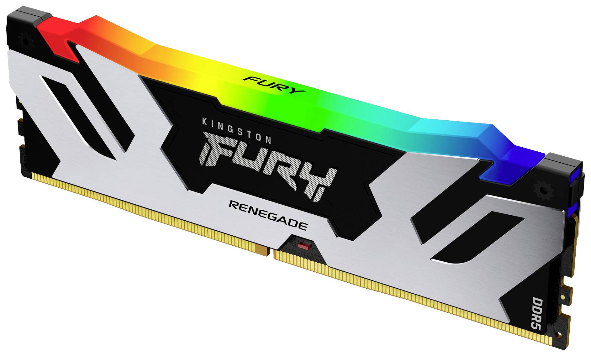 'Kingston Fury Renegade DDR5 RAM-Modul' mit hellem, mehrfarbigen Licht entlang des oberen Rands, silberweißes und schwarzes Design.