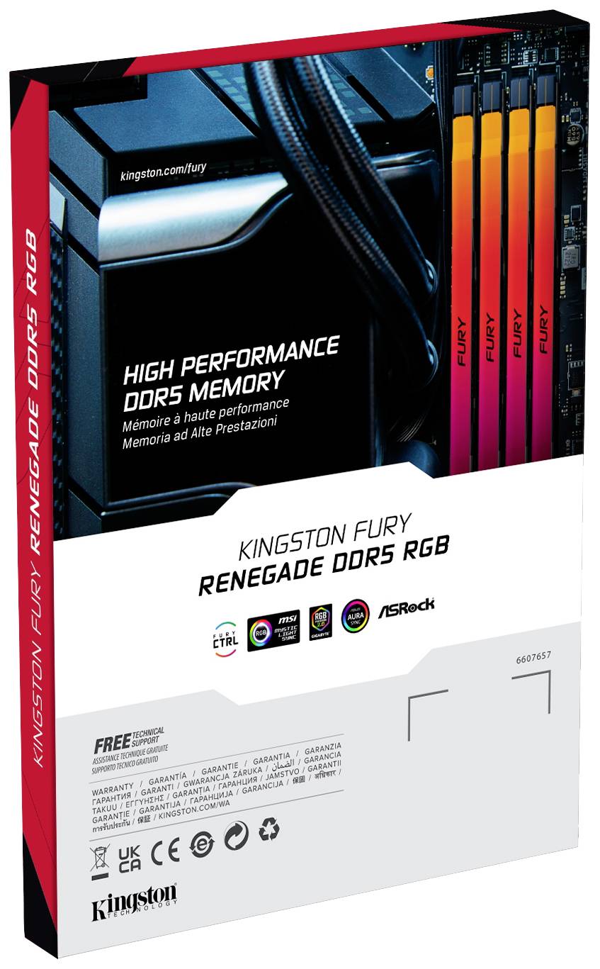 Kingston Fury Renegade DDR5 RGB Verpackung zeigt leistungsstarken Speicher mit farbigen Modulen und unterstützenden Logos.
