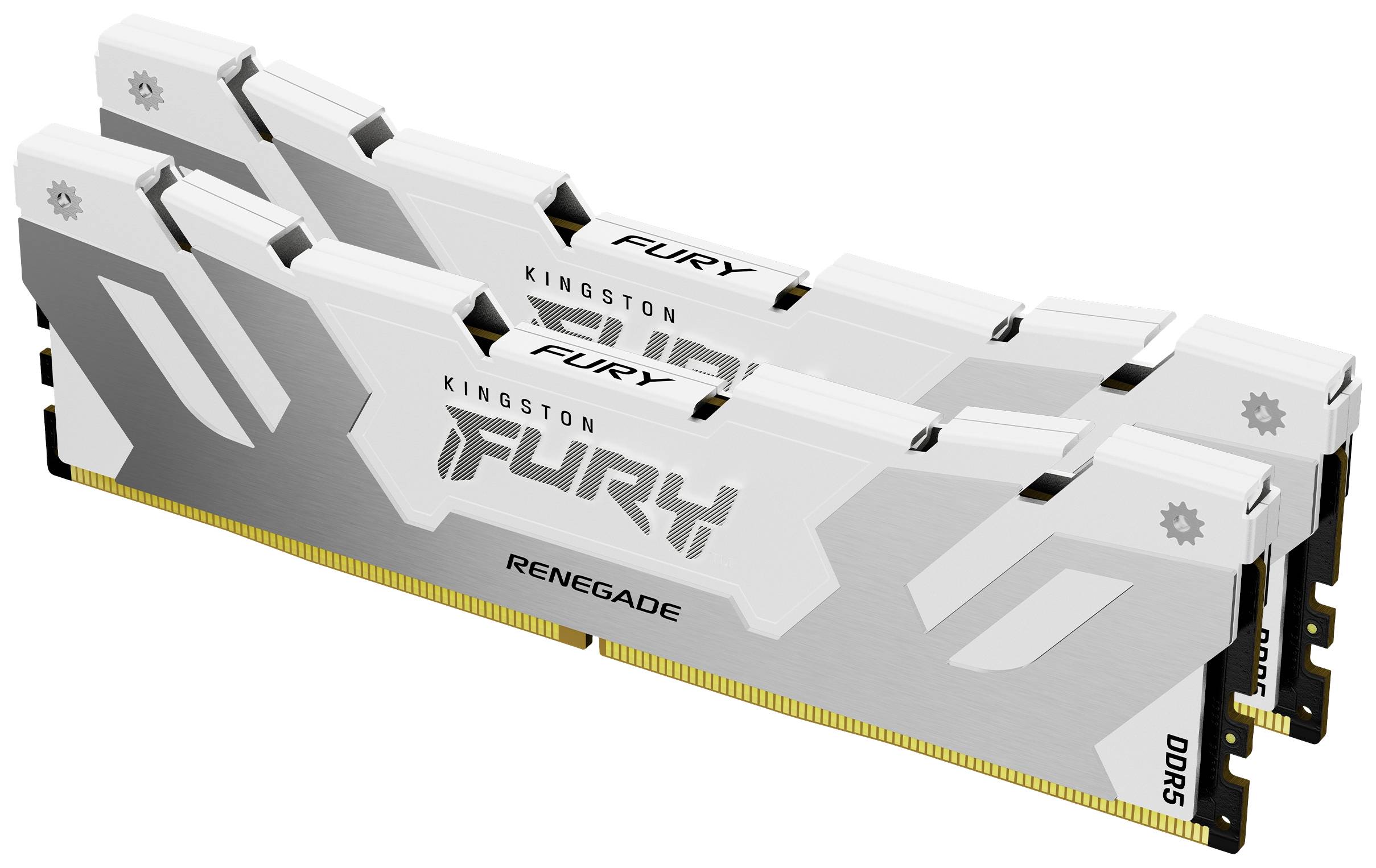 Zwei Kingston FURY Renegade DDR5 RAM-Module, silbernes Design, übereinanderliegend, für schnellen Speicherzugriff in Computern.
