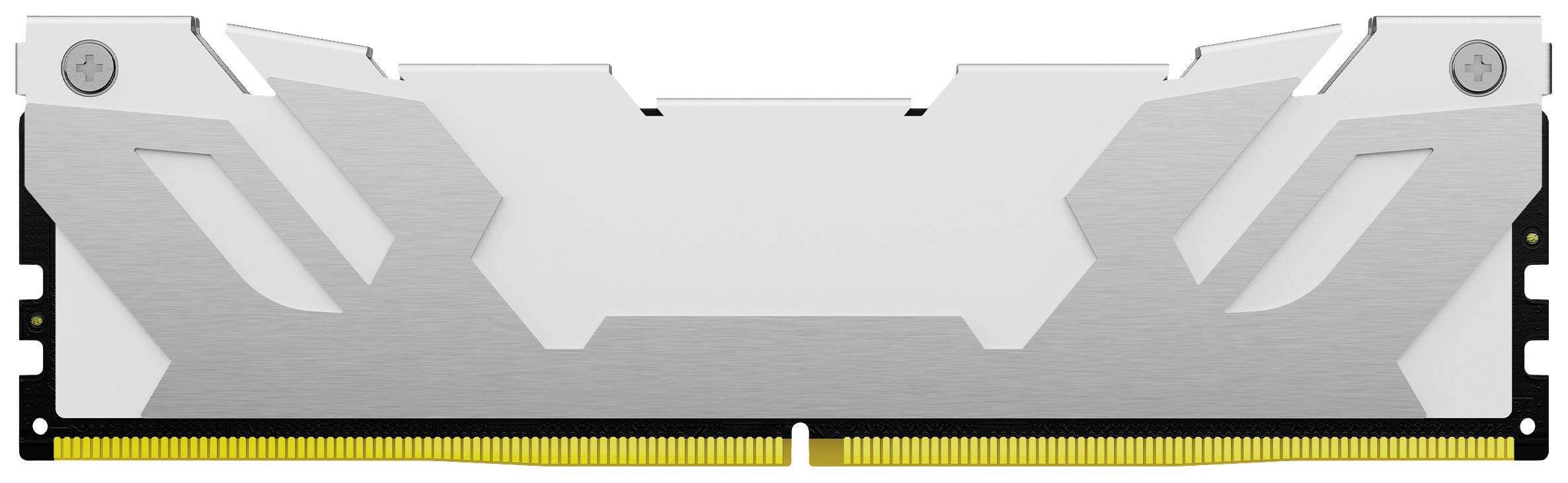 Ein RAM-Modul in silbernem Kühlkörperdesign mit gelben Kontakten am unteren Rand, zur Verwendung in Computern.