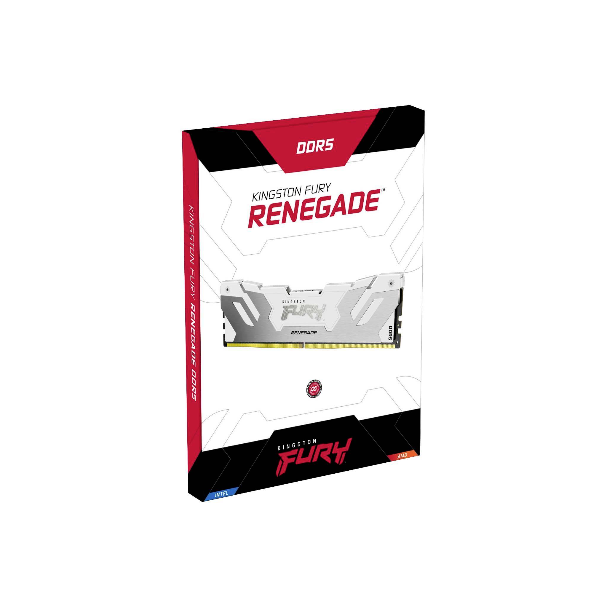 Eine Verpackung für Kingston Fury Renegade DDR5-RAM wird gezeigt, gekennzeichnet durch weißen Hintergrund und rote Akzente.
