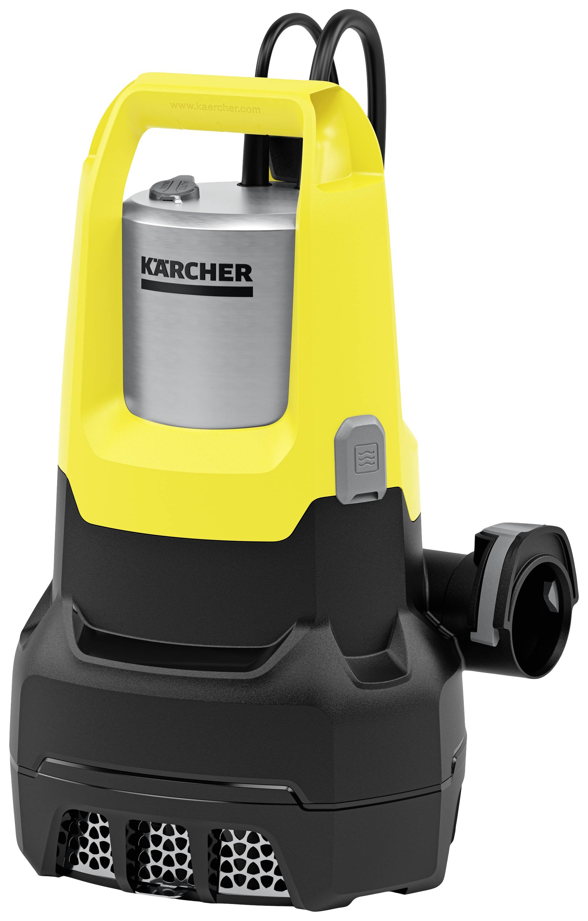 Gelbe und schwarze Tauchpumpe mit Tragegriff und Kabel. Häufig zur Entwässerung oder zum Pumpen von Wasser in Teichen verwendet.