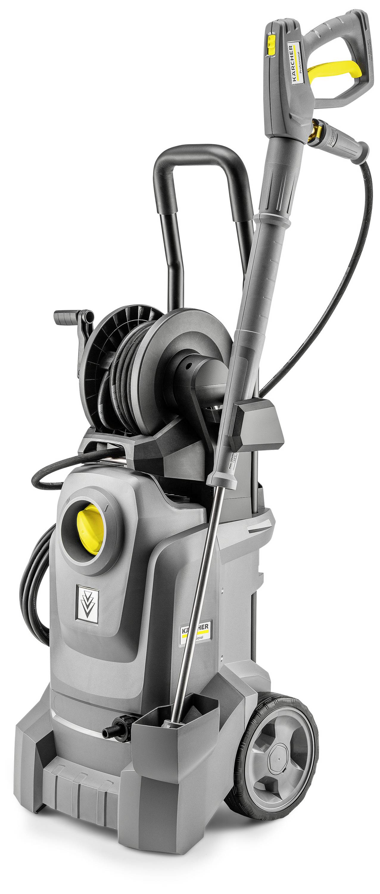 Ein kompakter, grau-schwarzer Hochdruckreiniger mit Schlauchtrommel und Handgriff, geeignet für intensive Reinigungsaufgaben im Außenbereich.