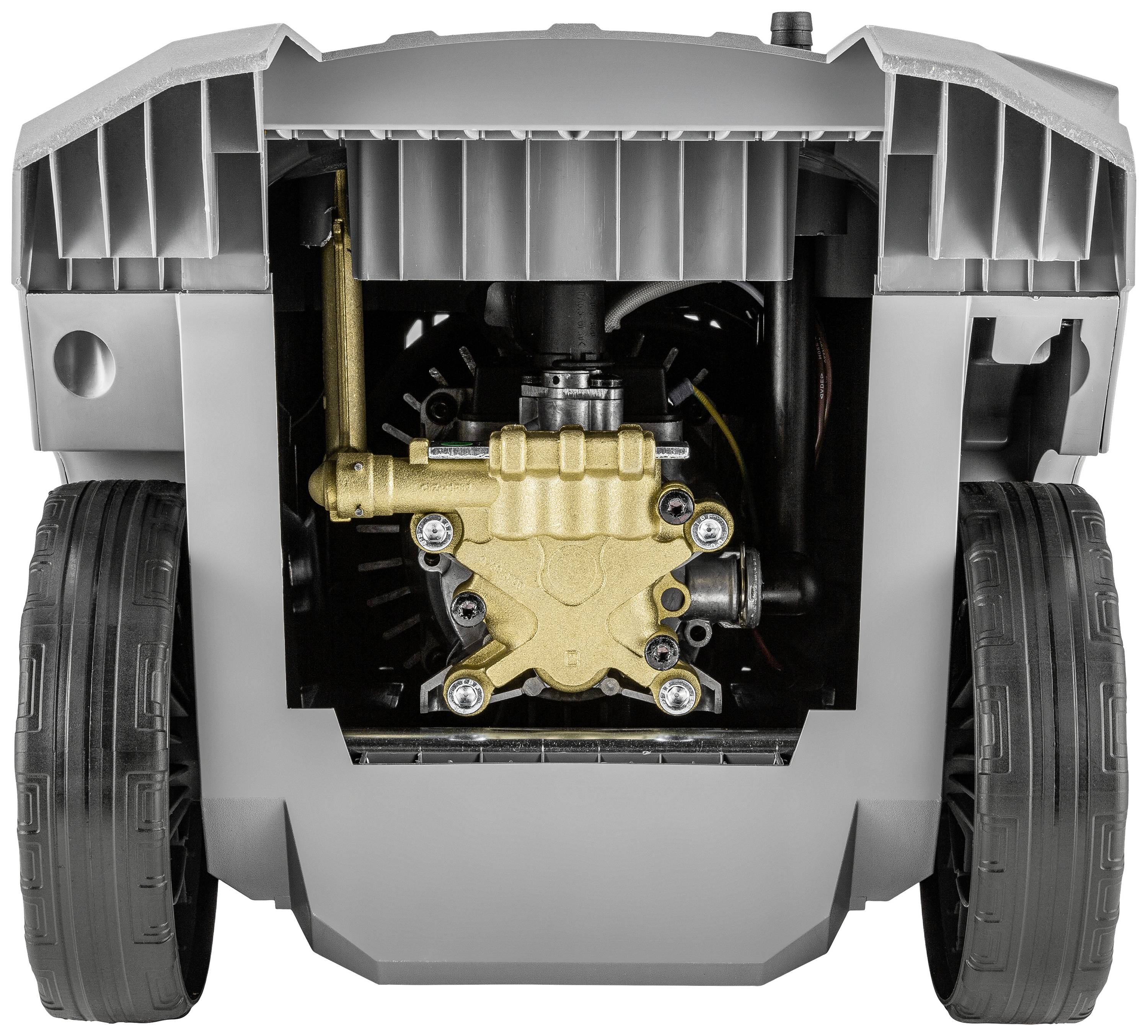 Innenansicht eines Gerätes mit sichtbarer Metallmechanik und zwei großen Rädern. Das Innere zeigt eine goldfarbene Pumpe.