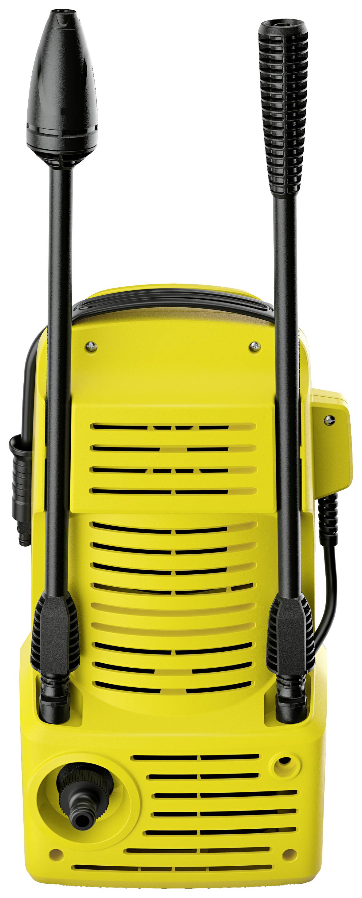 Gelber Hochdruckreiniger in Vorderansicht, mit zwei montierten Düsen und Haltegriffen, geeignet für Reinigung im Außenbereich.