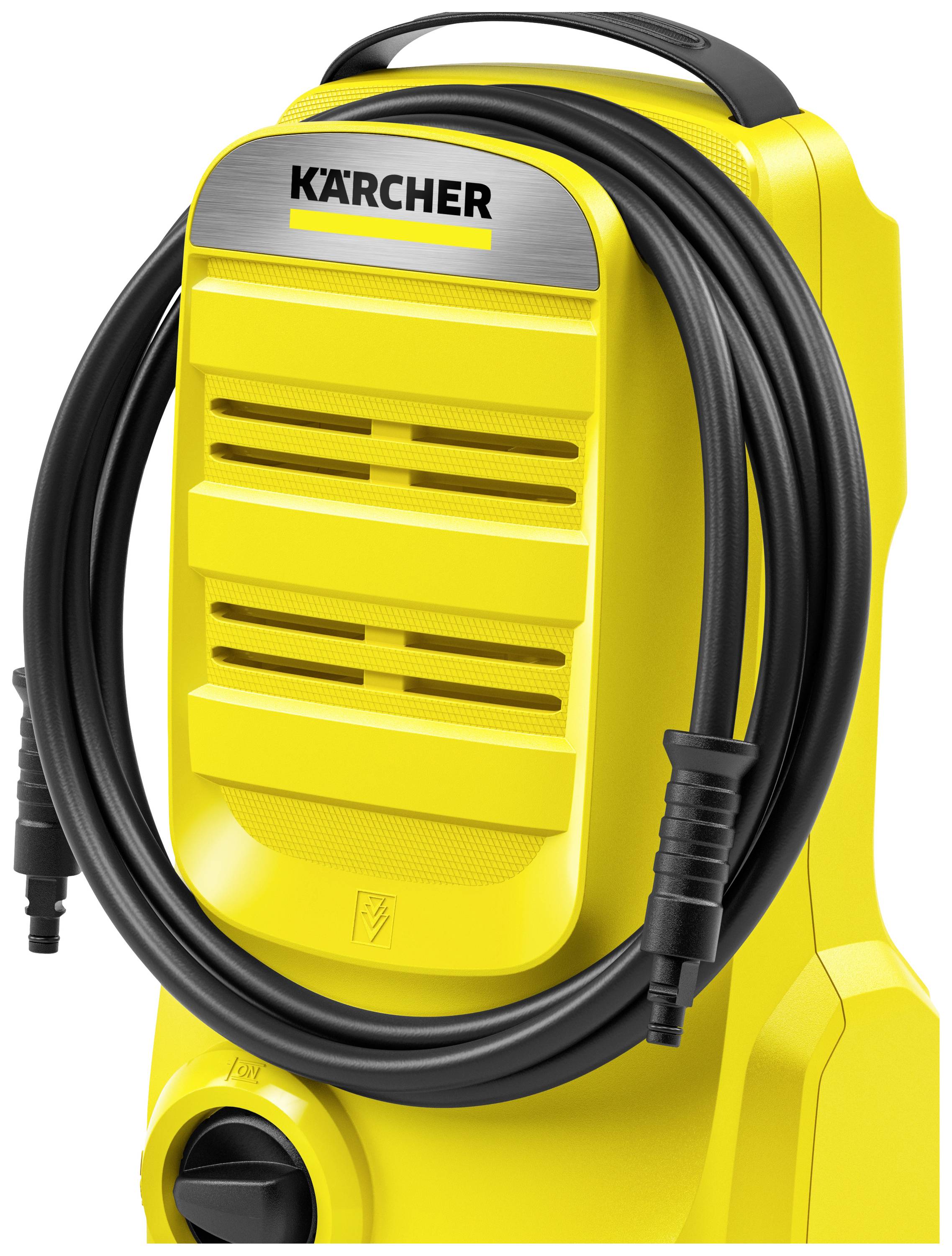 Ein gelber Hochdruckreiniger mit aufgewickeltem Schlauch an der Vorderseite, von der Marke Kärcher.