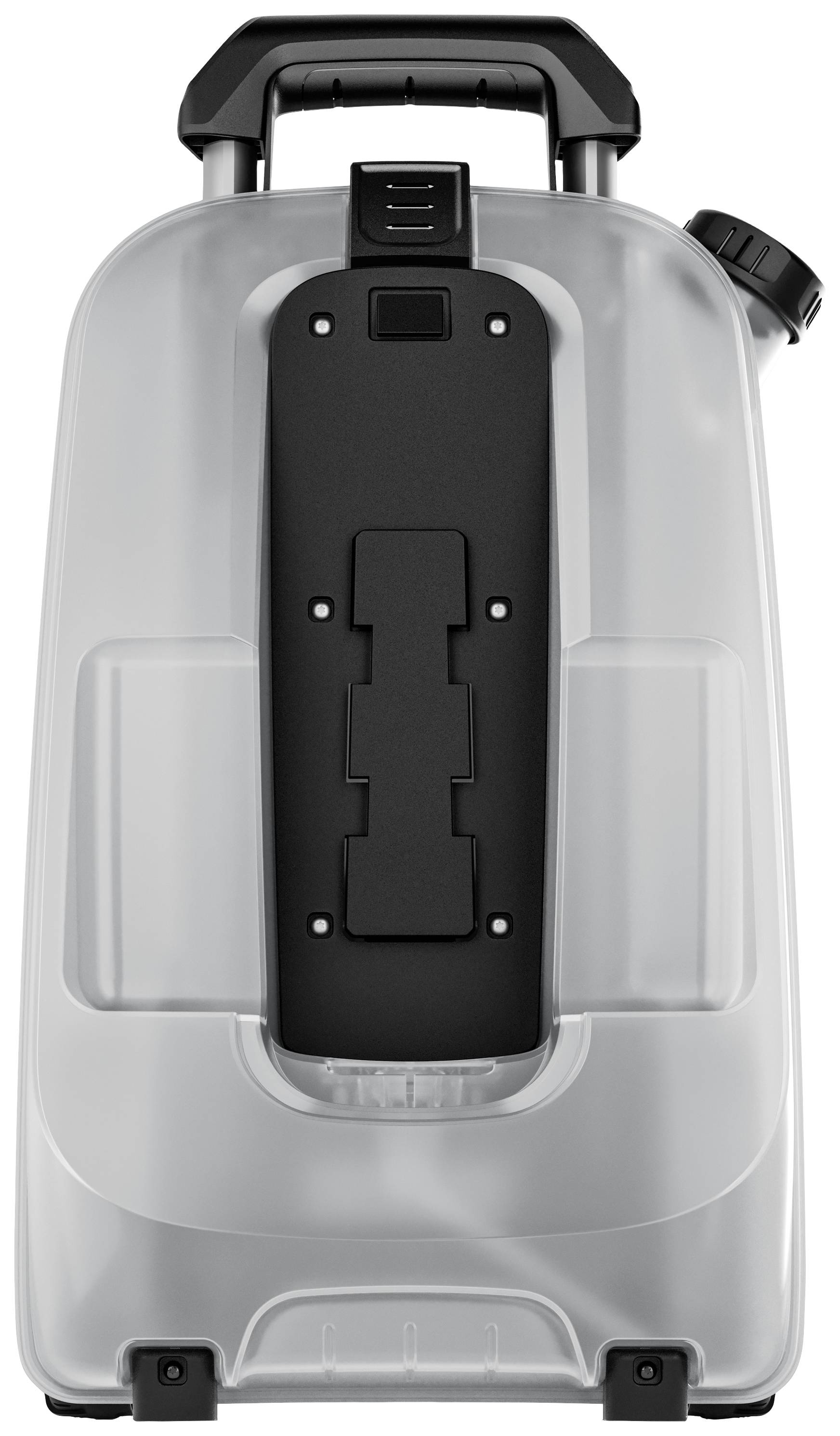 Ein transparenter, großer Wasserkanister mit schwarzem Griff und Verschluss, sodass er leicht getragen werden kann.