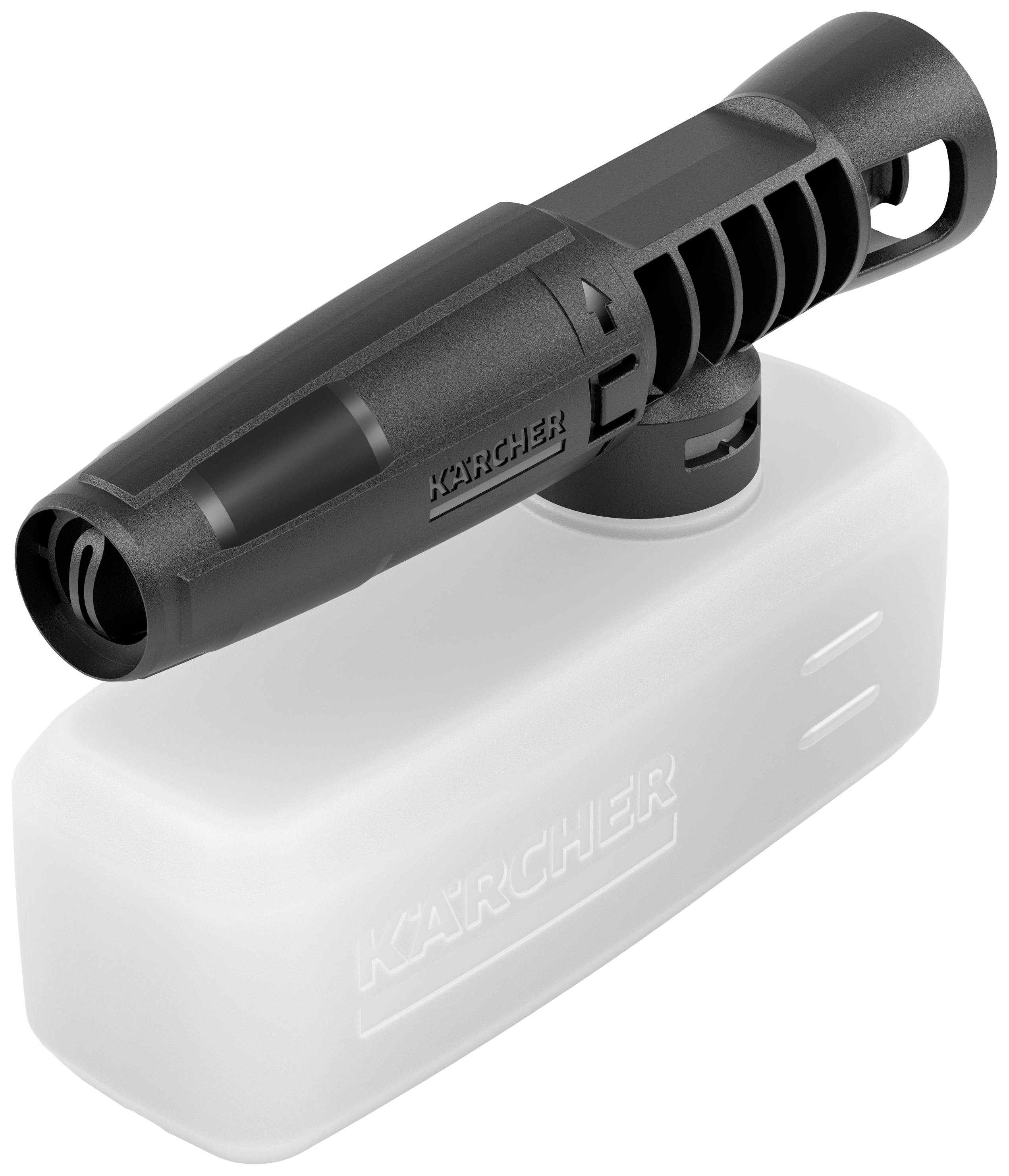 Ein schwarzer Hochdruckreinigeraufsatz ist an einem weißen Reinigungsmittelbehälter befestigt.